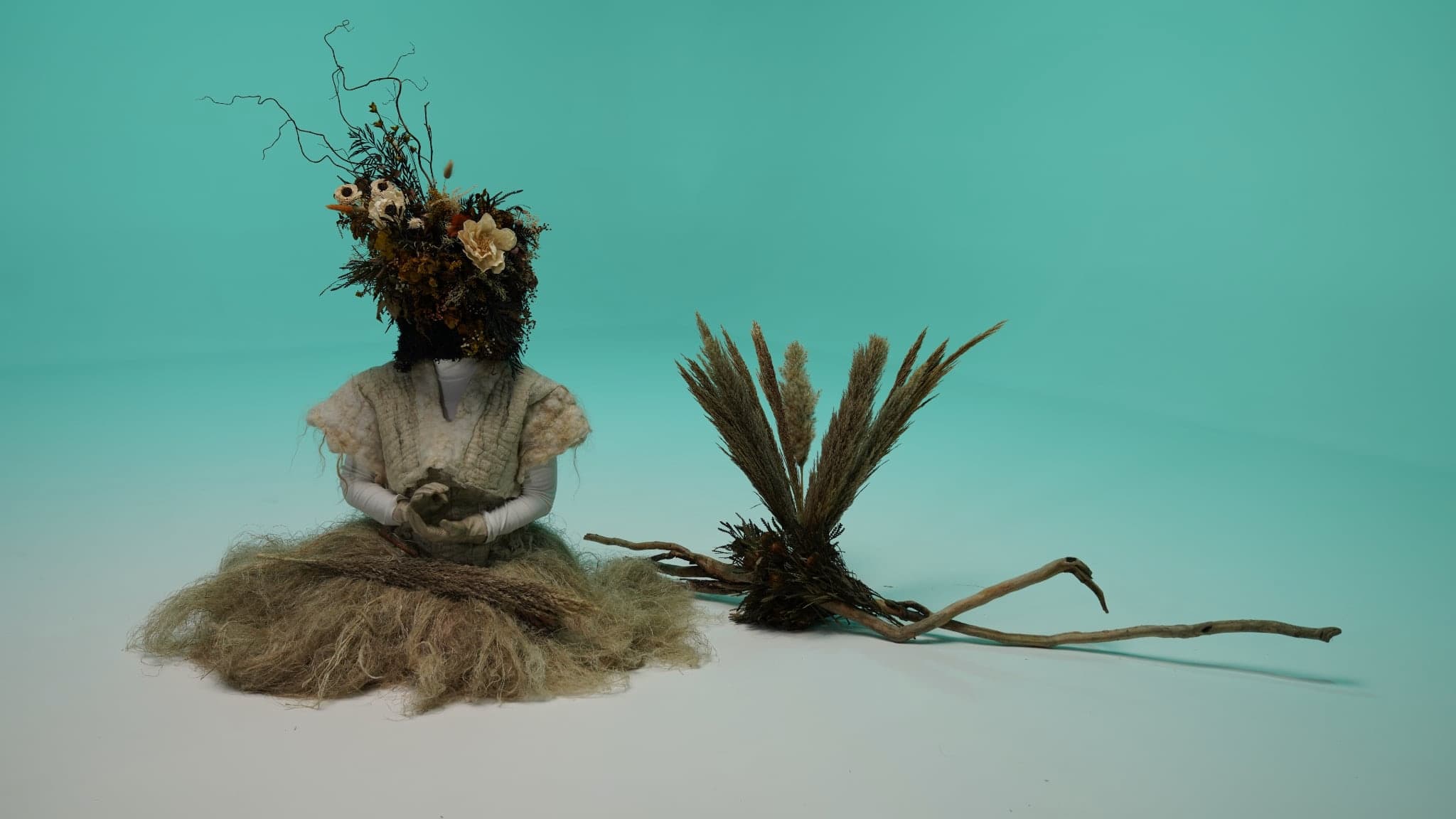 Studio setup against a turquoise backdrop: a seated figure in felted textile wearing a headdress of dried flowers and branches, beside a bundle of dried pampas grass and twisted branches.